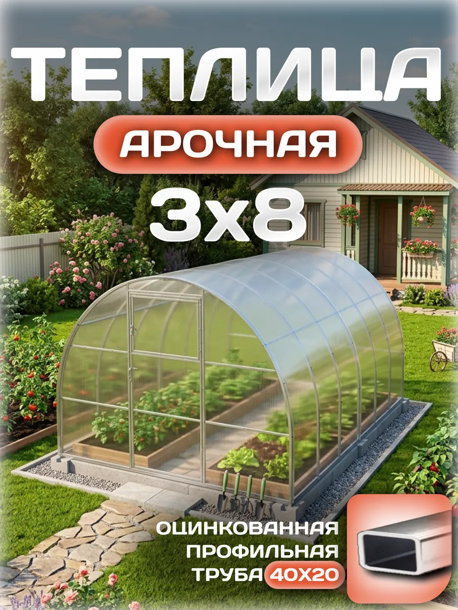 Теплица арочная 3х8 м, каркас 40х20, шаг дуг 0.65 м усиленная с поликарбонатом 4 мм 0,80 кг/м²